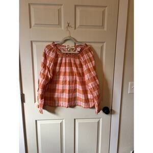 J. Crew Blouse Top L Cotton Ruffled Front & Neck Long Sleeve Plaid Cottage NWT